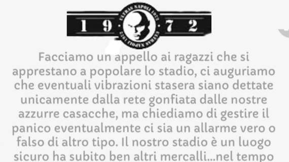 Terremoto, l'appello della Curva: "Lasciamo libere scale Maradona e gestiamo gli allarmi"
