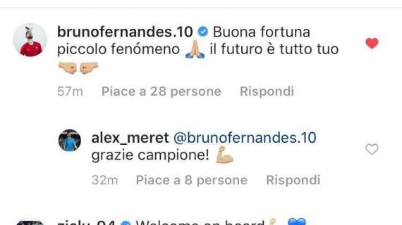 FOTO - "Il futuro è tutto tuo!", Bruno Fernandes saluta Meret. E Zielinski lo accoglie: "Benvenuto a bordo!"