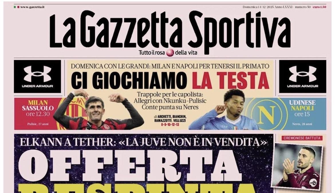 La Gazzetta dello Sport e la sfida a distanza Milan-Napoli: "Ci giochiamo la testa"