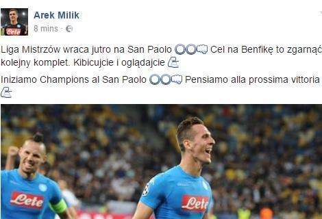 FOTO - Milik sempre carico su Facebook: "Iniziamo la Champions al San Paolo, pensiamo alla prossima vittoria!"