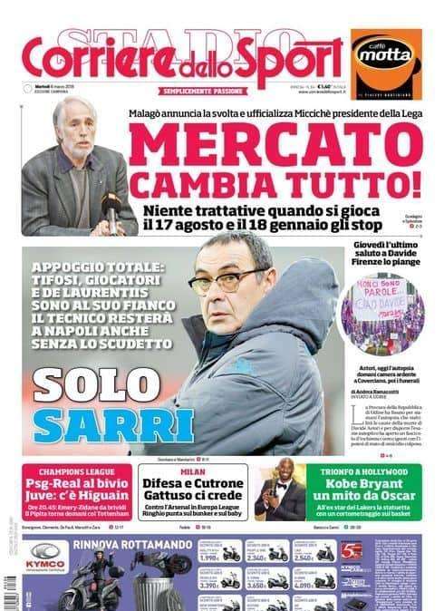 PRIMA PAGINA - CdS annuncia: "Sarri, appoggio totale! Il tecnico resterà a Napoli anche senza Scudetto"