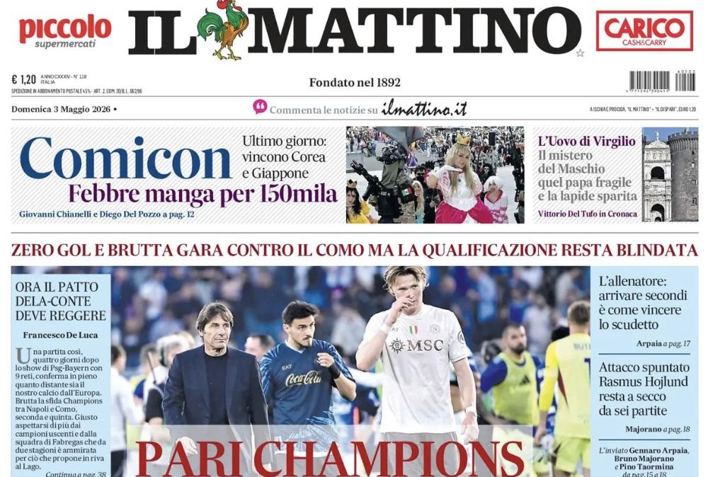 Il Mattino apre con lo 0-0 a Como: "Pari Champions"