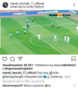 "Bravo capitano", Allan si complimenta con Hamsik per il primo gol col Dalian