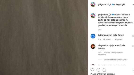 FOTO - Higuain chiude il suo profilo Instagram: ecco l'ultimo messaggio social 