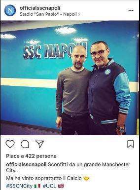 FOTO - La SSC Napoli mostra Sarri insieme a Guardiola: "Ha vinto soprattutto il calcio!"