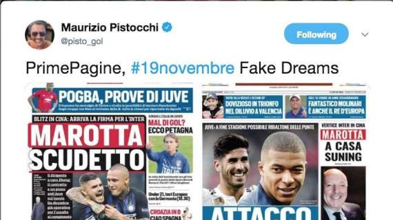 FOTO - Pistocchi ironizza sui titoloni dei quotidiani pro Juve ed Inter: "Sogni fasulli"