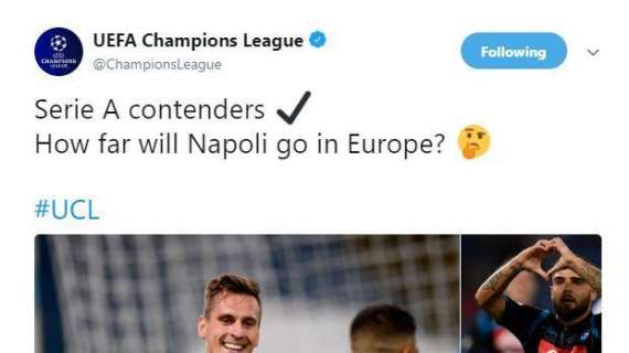 FOTO - La Uefa lancia il quesito sui social: "Quanto arriverà lontano il Napoli in Europa?"