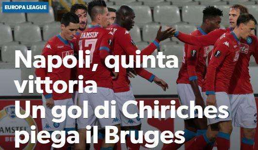 FOTO - CdS titola: "Napoli, quinta vittoria. Un gol di Chiriches piega il Bruges"