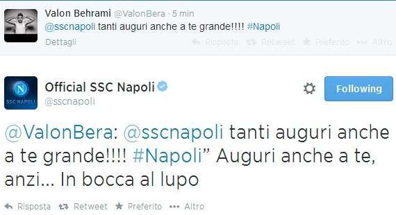 Scambio di tweet tra Behrami e la SSC Napoli: "Auguri", "In bocca al lupo!"