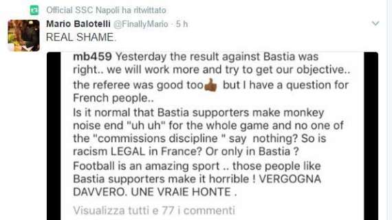 FOTO - La SSC Napoli ritwitta il post di Balotelli: "Il razzismo è legale in Francia?"