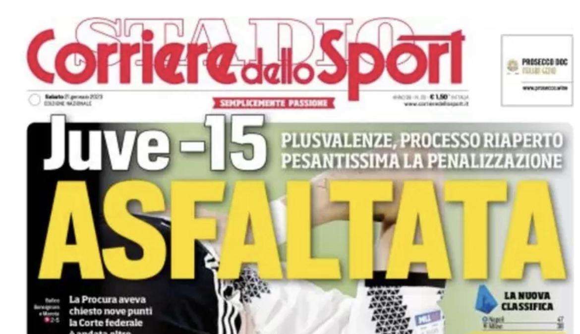 PRIMA PAGINA - Corriere dello Sport: “Juve -15: asfaltata”