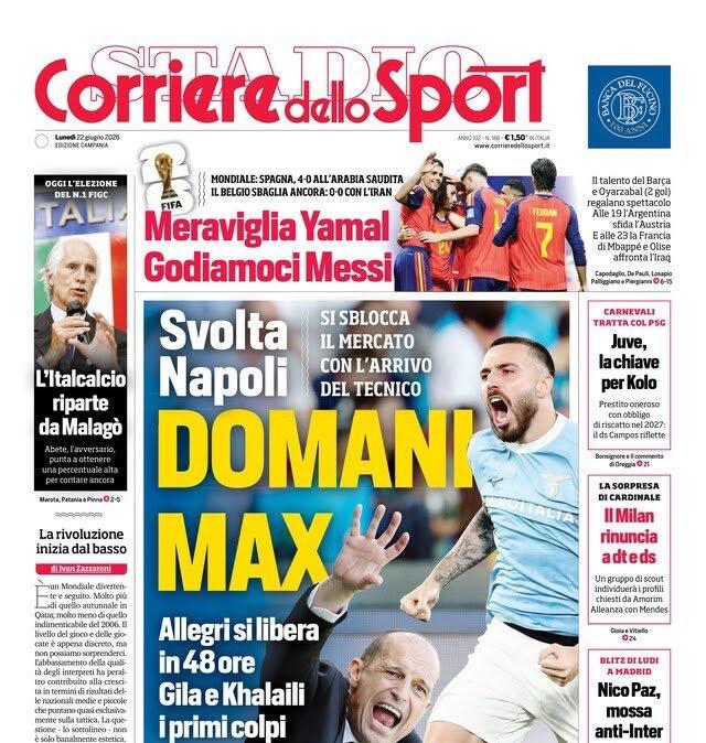 Imminente l'arrivo di Allegri, Il Corriere dello Sport: "Domani al Max"