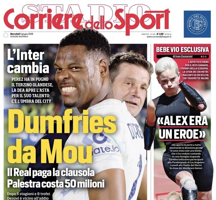 Dumfries al Real, Corriere dello Sport: "Per Palestra l'Atalanta chiede 50 mln"