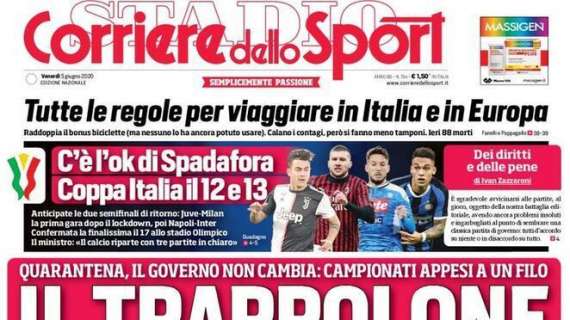 PRIMA PAGINA - CdS: "C'è l'ok di Spadafora, Napoli-Inter il 13 giugno"