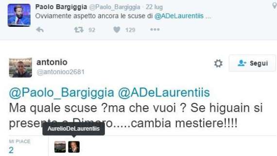 FOTO - ADL, "mi piace" su Twitter a un commento anti-Bargiggia: "Se Higuain viene a Dimaro cambia mestiere"