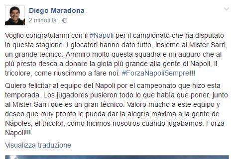 FOTO - Maradona: "Mi congratulo col Napoli, ammiro questa squadra: spero vinca presto il tricolore!"