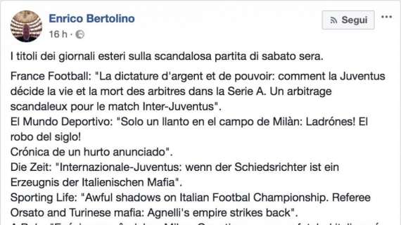 FOTO - Il comico interista Bertolino: "Stampa estera distrugge la Juve dopo lo scandalo, quanta insensibilità"