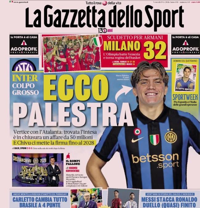 Colpo Inter, Gazzetta dello Sport: "Ecco Palestra"