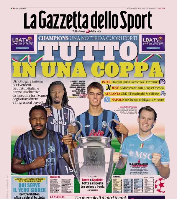 La Gazzetta dello Sport: "Tutto in una notte. Il Napoli deve vincere"