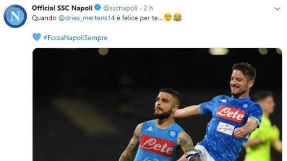 FOTO - "Quando Mertens è felice per te", tweet ironico del Napoli sui festeggiamenti dopo il gol di Insigne