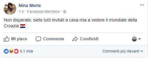 Nina Moric irride l'Italia: "Non disperate, siete tutti invitati a casa mia a vedere il mondiale della Croazia"
