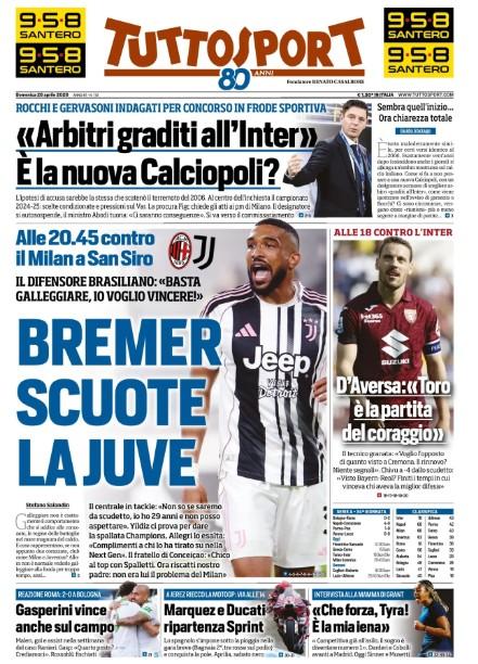 Tuttosport titola: "Arbitri graditi all'Inter, è la nuova Calciopoli?"