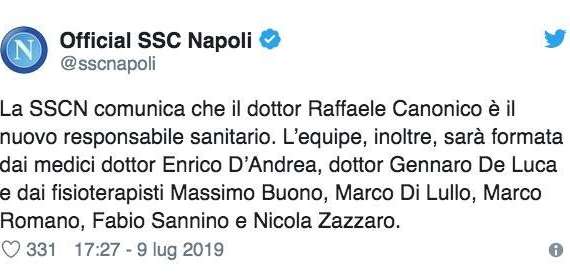 UFFICIALE - Raffaele Canonico è il nuovo responsabile del settore sanitario: il comunicato della SSC Napoli