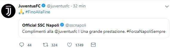 FOTO - La Juventus ringrazia il Napoli per il tweet di complimenti