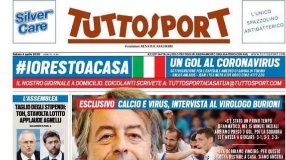 PRIMA PAGINA - Tuttosport sul taglio stipendi: "Toh, stavolta Lotito applaude Agnelli"