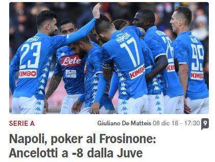 FOTO - CdS: "Napoli, poker al Frosinone. Ancelotti è a -8 dalla Juve"