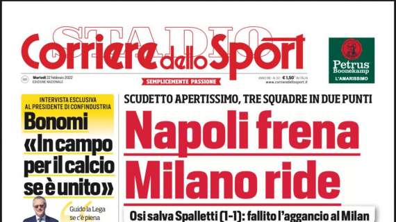 PRIMA PAGINA - Corriere dello Sport: "Napoli frena, Milano ride"