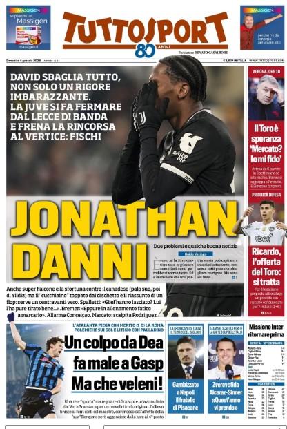 Tuttosport contro David dopo il rigore sbagliato: "Jonathan Danni"