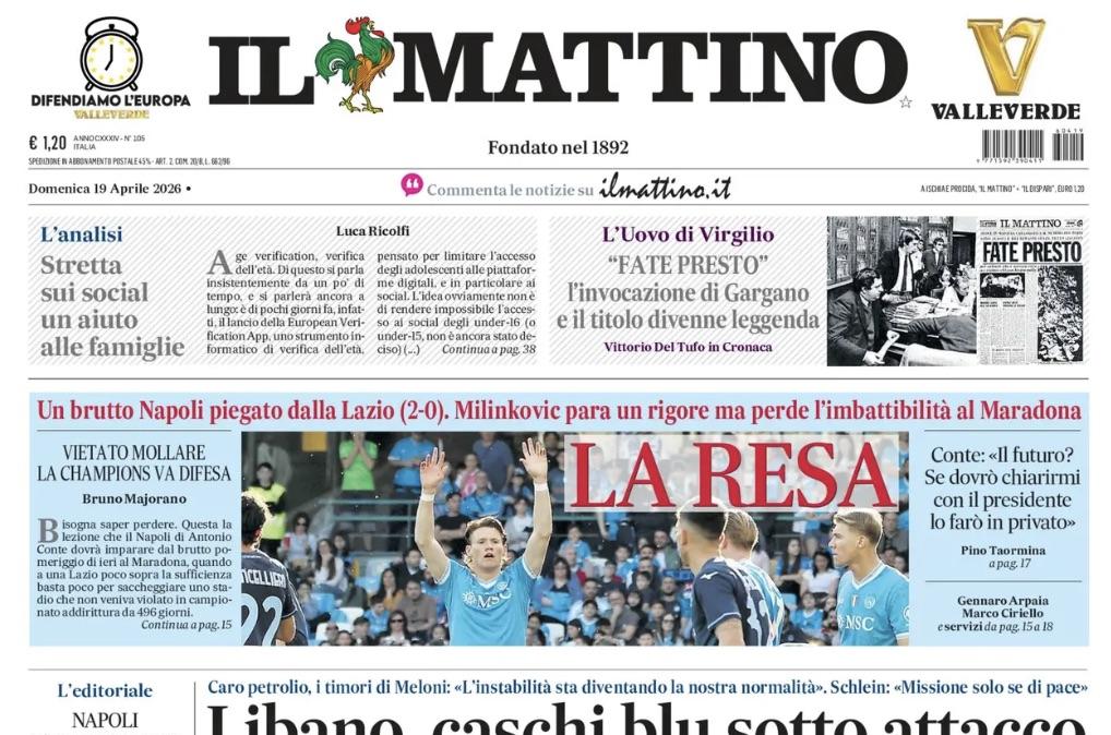 Il Mattino sentenzia dopo il ko con la Lazio: "La resa"