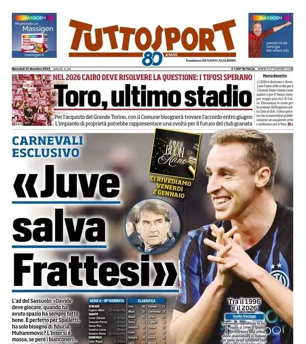 Tuttosport apre con le parole di Carnevali: "Juve salva Frattesi"
