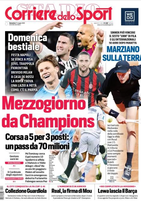 L'apertura del Corriere dello Sport: "Mezzogiorno da Champions"