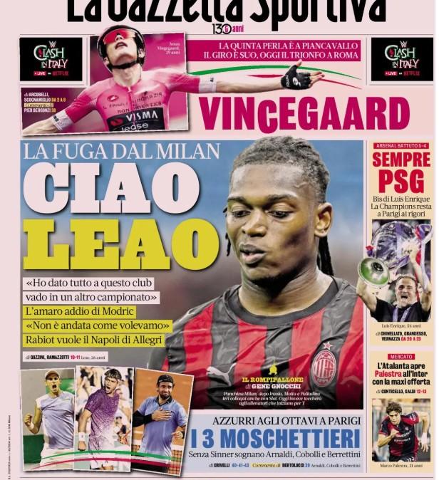 Caos a Milano, La Gazzetta dello Sport: "Ciao Leao! La fuga dal Milan"