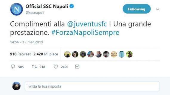 FOTO - Il Napoli elogia la Juve su Twitter, i colleghi Bucchioni e Giuliani si complimentano: "Bravi, un esempio per tutti!"