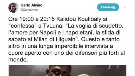 Koulibaly alle 19 su TvLuna, Alvino: "Kalidou si confessa tra amore per Napoli e la sfida ad Higuain"