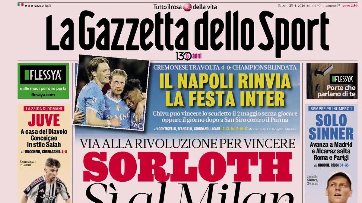 Gazzetta dello Sport: "Il Napoli rinvia la festa Inter travolgendo la Cremonese"