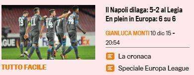 FOTO - Gazzetta: "Tutto facile: il Napoli dilaga col Legia e fa en plein in Europa"
