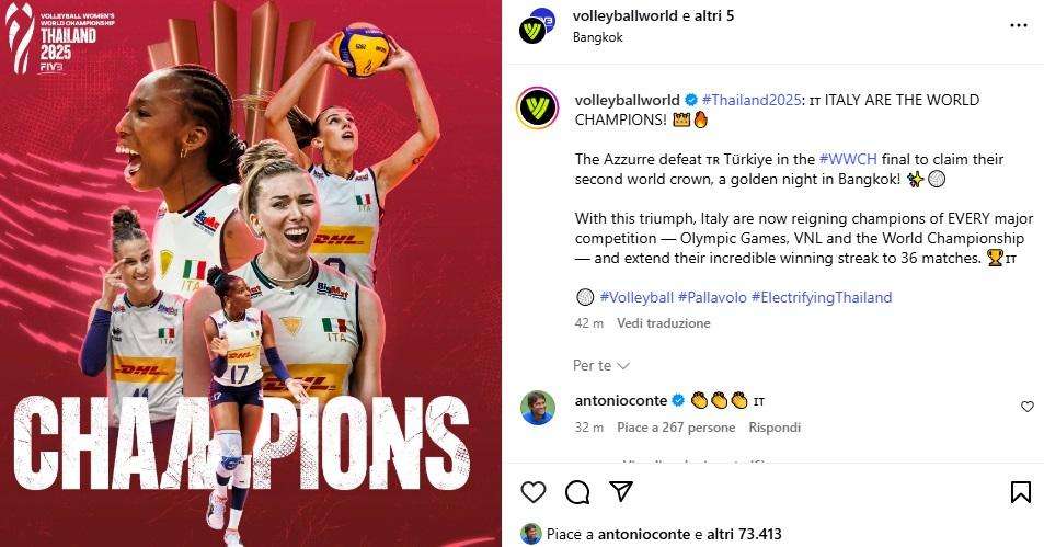 Secondo Mondiale per l'Italia Volley Femminile: applaude anche Conte