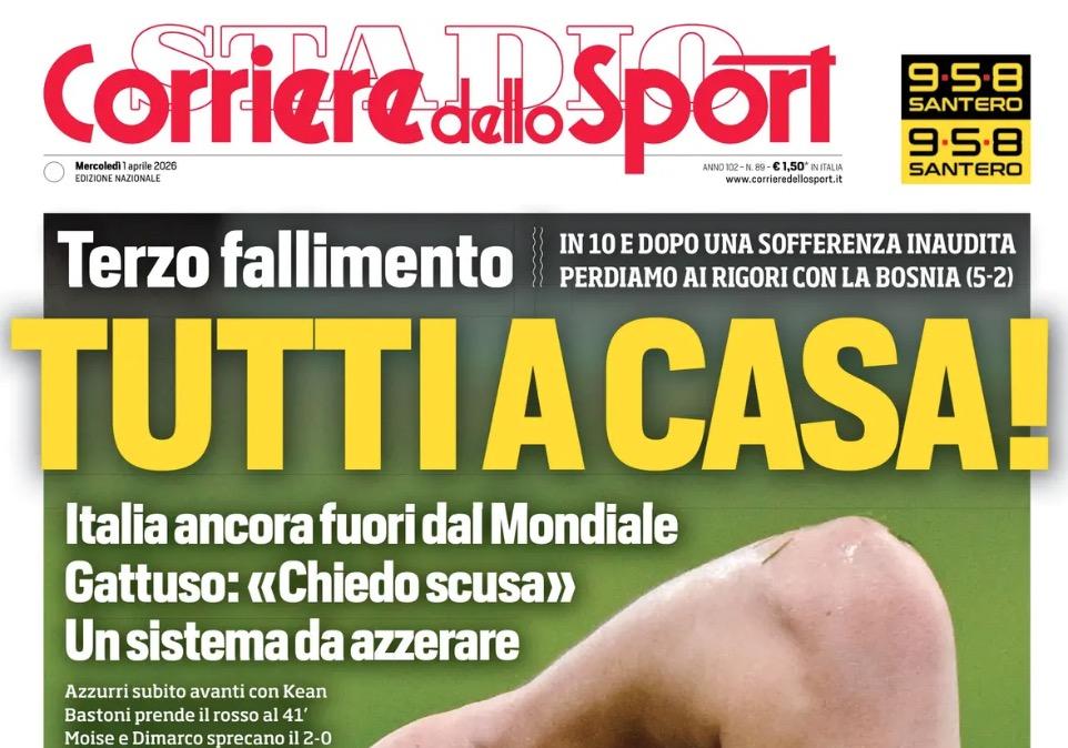 Italia salterà anche i Mondiali 2026, Corriere dello Sport "Tutti a casa!"