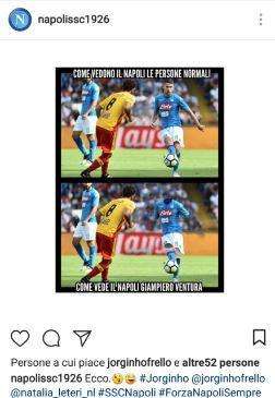 FOTO - "Come vedono il Napoli le persone normali, come lo vede Ventura": Jorginho e il like al post ironico
