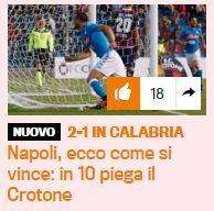 FOTO - Gazzetta sul Napoli: "Ecco come si vince: in 10 piega il Crotone"