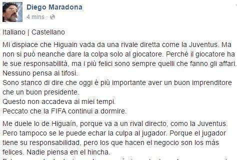 Maradona: "Dispiace per Higuain, ma non si può dare la colpa solo a lui. Nessuno pensa ai tifosi!"