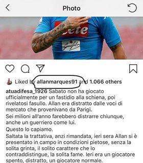 FOTO - "Allan distratto ed in condizioni pietose, delusi dal poco attaccamento", spunta il like di Allan al post critico dei tifosi