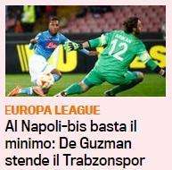 FOTO - Il Napoli batte il Trabzonspor, Gazzetta titola: "Al Napoli-bis basta il minimo"
