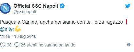 "Pasquale siamo con te", il tweet del Napoli per il 16enne delle giovanili dell'Inter vittima di un incidente 