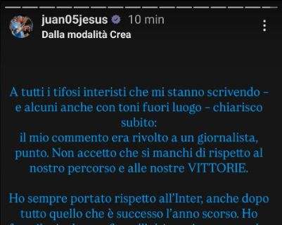 Juan Jesus attaccato dopo il commento a Biasin: "Rispettateci! E imparate ad accettare le sconfitte”