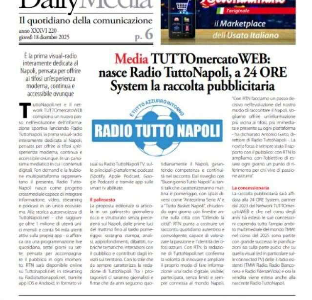 Radio Tutto Napoli, affidata a 24 ORE System la raccolta pubblicitaria